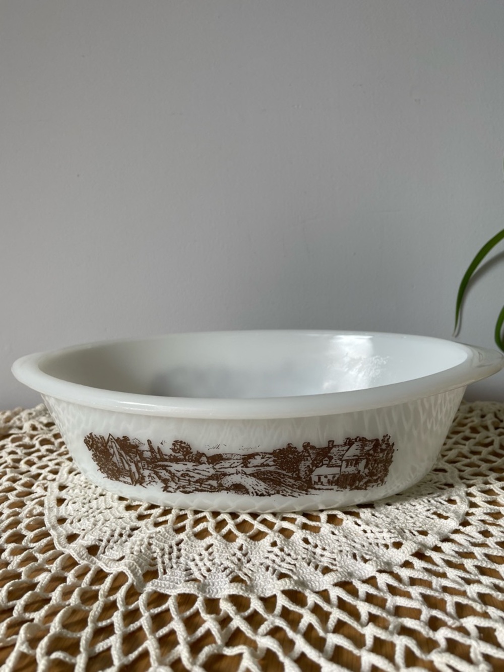 Vintage Glasbake Milk Glass Baking Dish with Brown Scenic Transfer 1 QT
